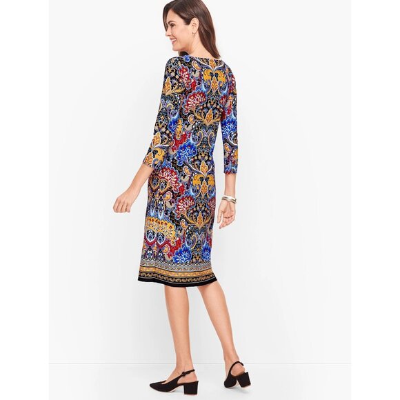 Talbots 3/4 Sleeve Jersey Paisley Shift Dress Multicolor Sz Medium Petite Boho - Picture 4 of 13